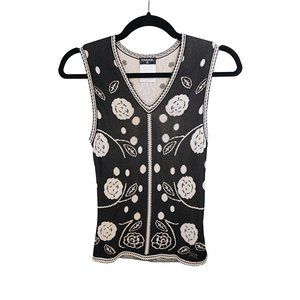 Chanel Vintage Black and Beige Floral and Polka Dot Print Knit Sweater Vest
